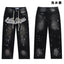 Valley Rhinestone Cursive‑Letter Baggy Jeans, Washed‑Black Distressed Unisex Streetwear Denim Pants