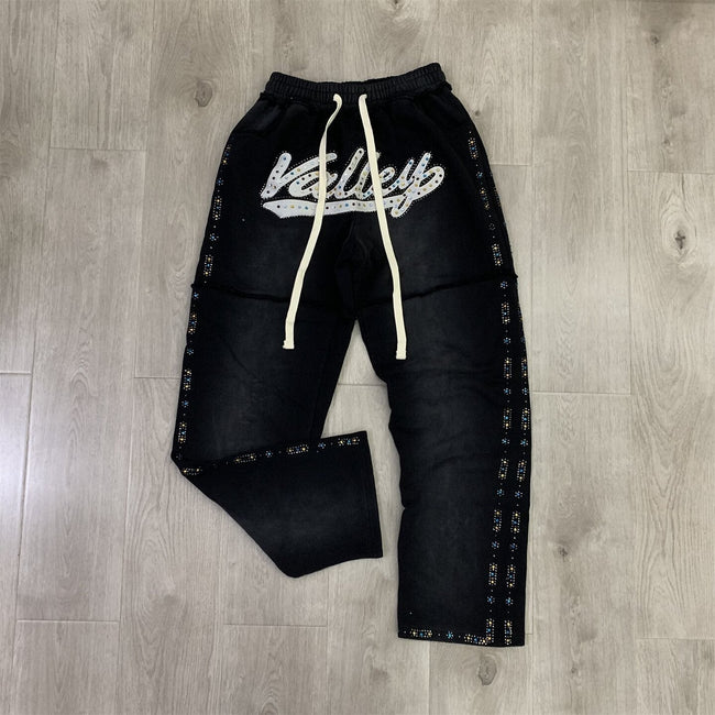 Valley Dreams Rhinestone Letter Flare Sweatpants, Vintage Black Washed Streetwear Unisex Trousers Hover Image