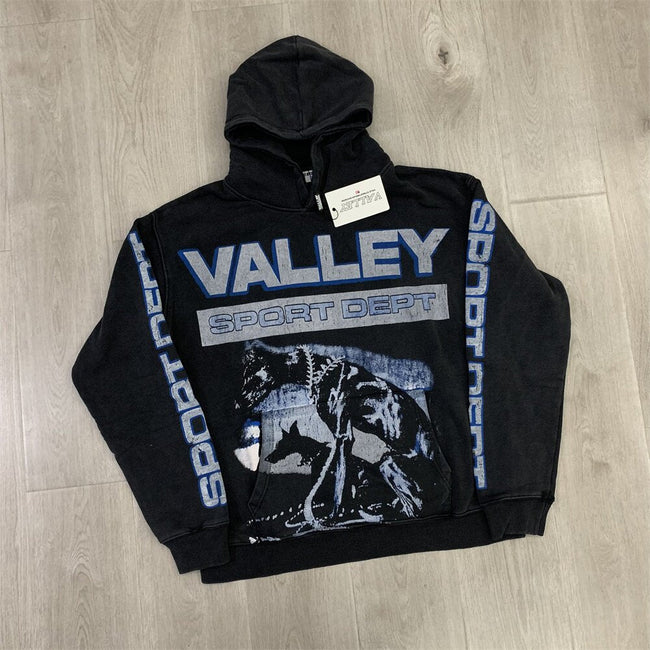 VALLEY Black Valley Dreams Sport Dept Graphic Zip‑Up Hoodie Unisex Oversized Jacket Hover Image