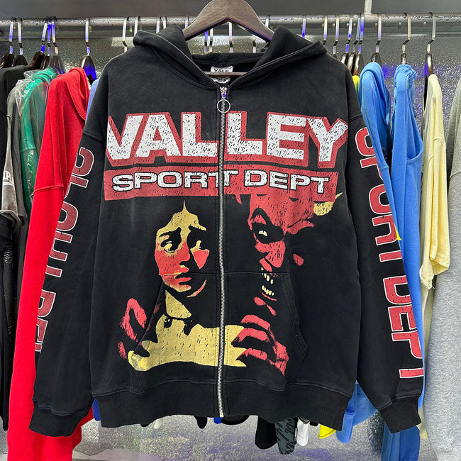 Valley Sport Dept Devil Character Graphic Zip‑Up Hoodie, Black Vintage Horror Oversized Streetwear Unisex Jacket Hover Image