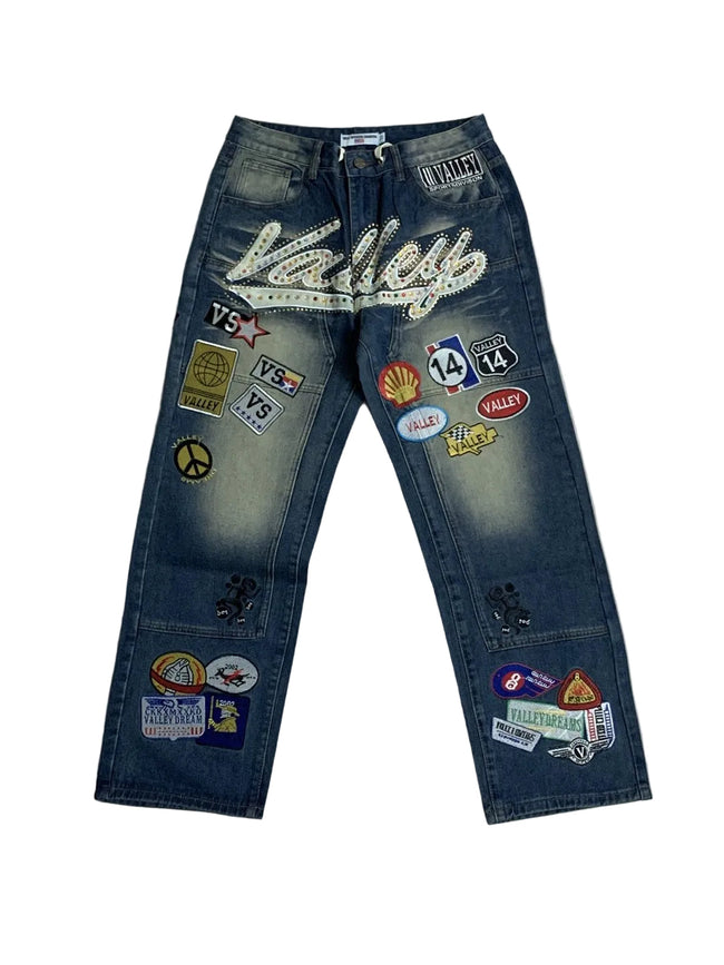 Valley Multi‑Patch Rhinestone Letter Baggy Jeans, Vintage Washed‑Blue Unisex Wide‑Leg Denim Pants Hover Image