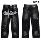 Valley Rhinestone Cursive‑Letter Baggy Jeans, Washed‑Black Distressed Unisex Streetwear Denim Pants