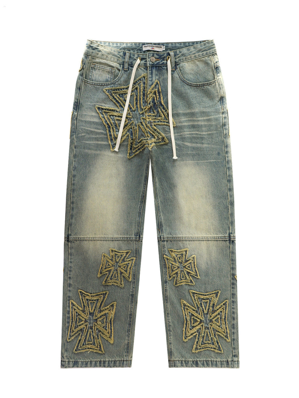 VALLEY Vintage Cross‑Shaped Towel‑Embroidered Baggy Jeans, Washed‑Blue Unisex Streetwear Denim Pants