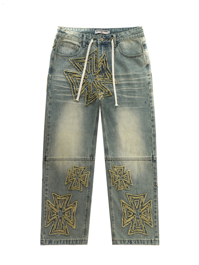 VALLEY Vintage Cross‑Shaped Towel‑Embroidered Baggy Jeans, Washed‑Blue Unisex Streetwear Denim Pants Hover Image