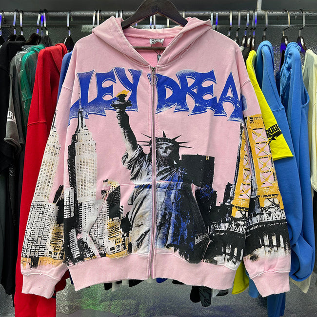 Valley Dreams Statue Of Liberty Cityscape Zip‑Up Hoodie, Pink Vintage Oversized Streetwear Unisex Jacket Hover Image