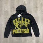 VALLEY Black Washed Valley Sport Division Football Graphic Zip‑Up Hoodie Unisex Oversized Jacket