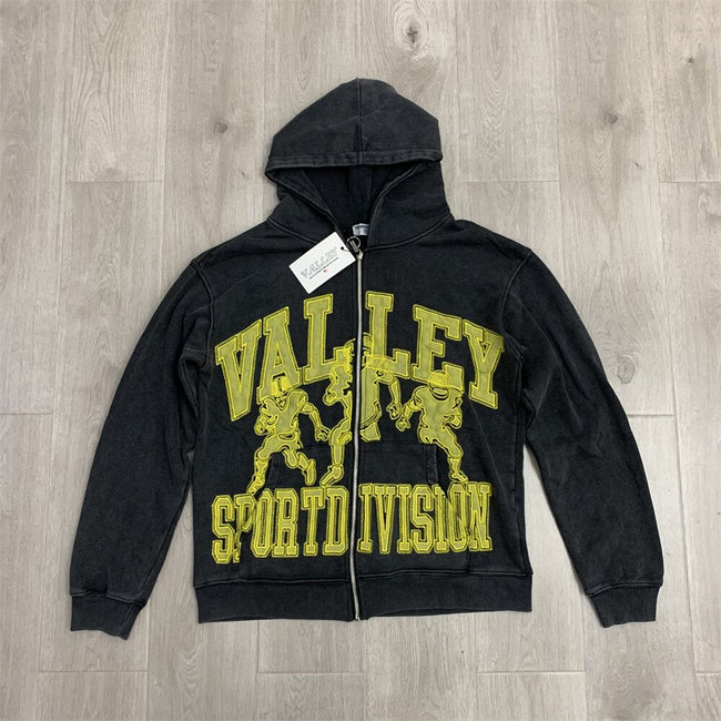 VALLEY Black Washed Valley Sport Division Football Graphic Zip‑Up Hoodie Unisex Oversized Jacket Hover Image
