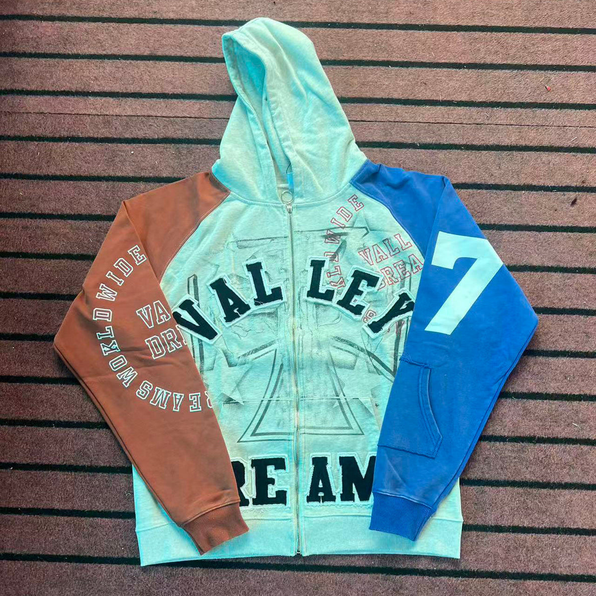 Valley Dreams Color‑Block Raglan Zip‑Up Hoodie, Patchwork 7‑Print Oversized Streetwear Unisex Jacket