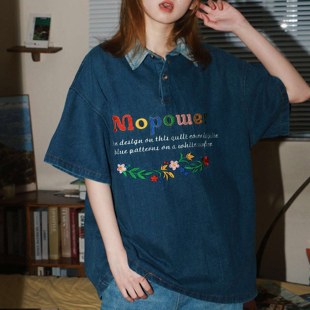 Retro floral colorful letter embroidered denim short sleeves