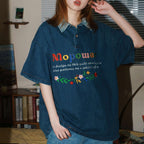 Retro floral colorful letter embroidered denim short sleeves