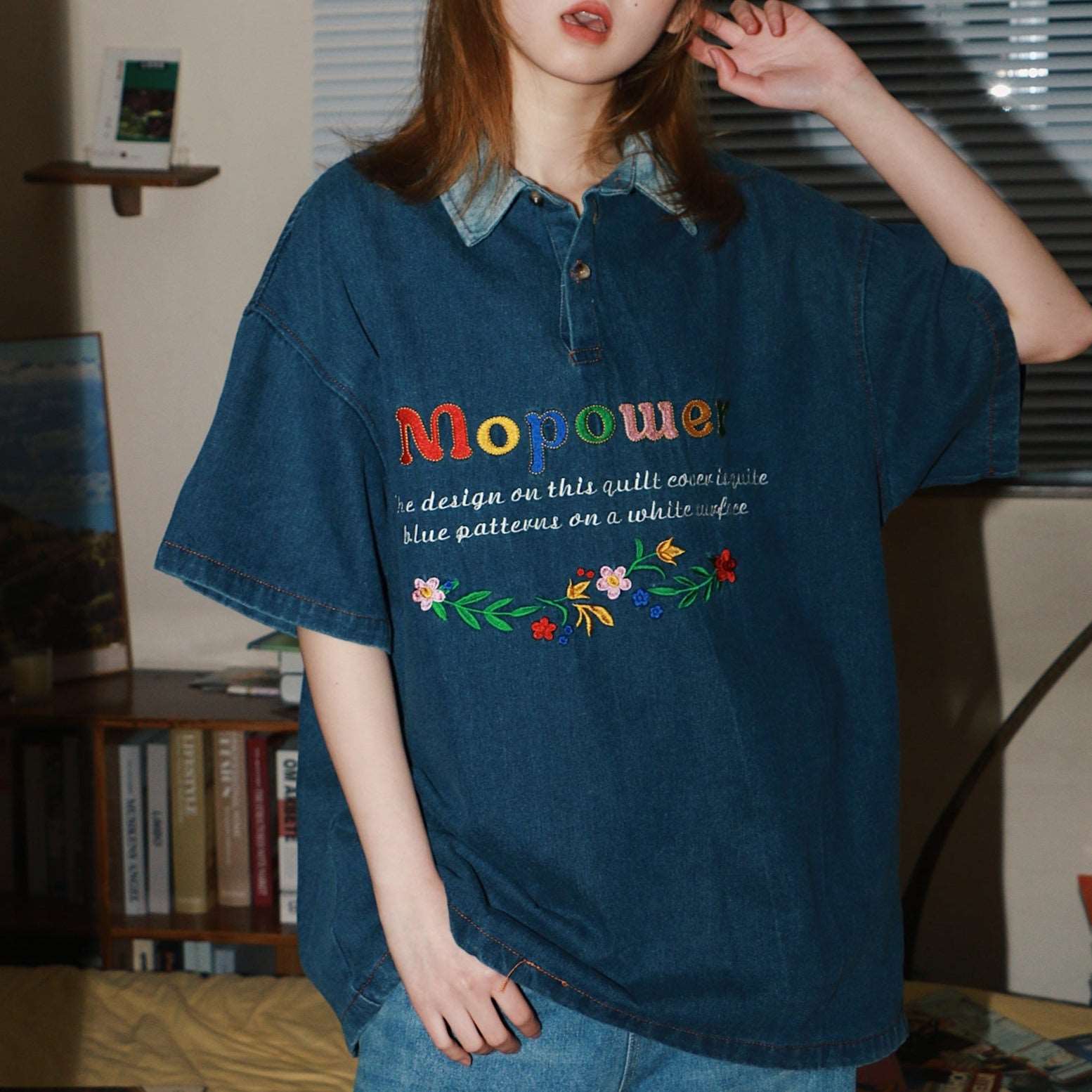 Retro floral colorful letter embroidered denim short sleeves