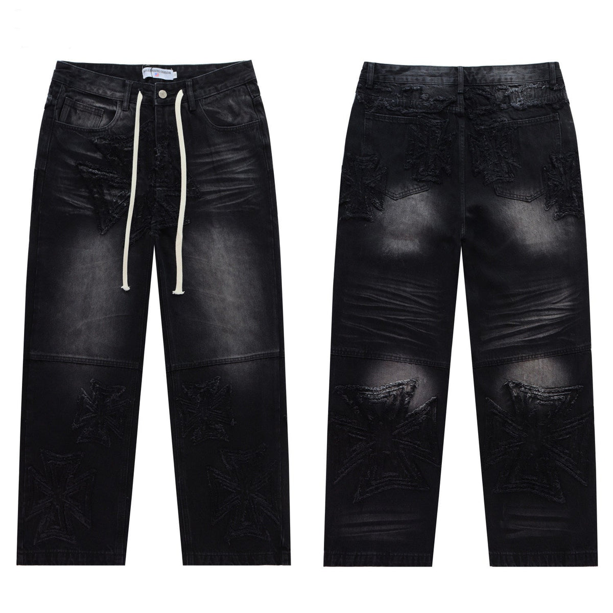 VALLEY Vintage Cross‑Shaped Towel‑Embroidered Baggy Jeans, Washed‑Black Unisex Streetwear Denim Pants
