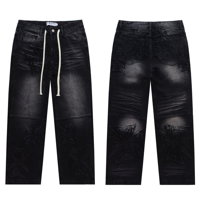 VALLEY Vintage Cross‑Shaped Towel‑Embroidered Baggy Jeans, Washed‑Black Unisex Streetwear Denim Pants Hover Image
