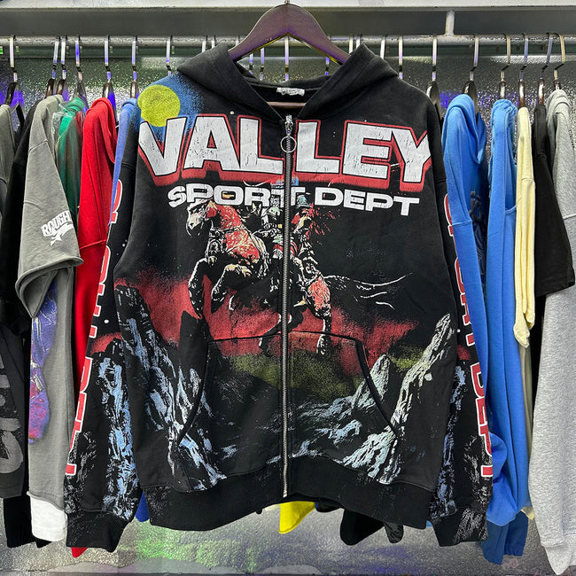 Valley Sports Dept Warrior Horse Graphic Zip‑Up Hoodie, Black Vintage Mountain‑Print Oversized Streetwear Unisex Jacket Hover Image