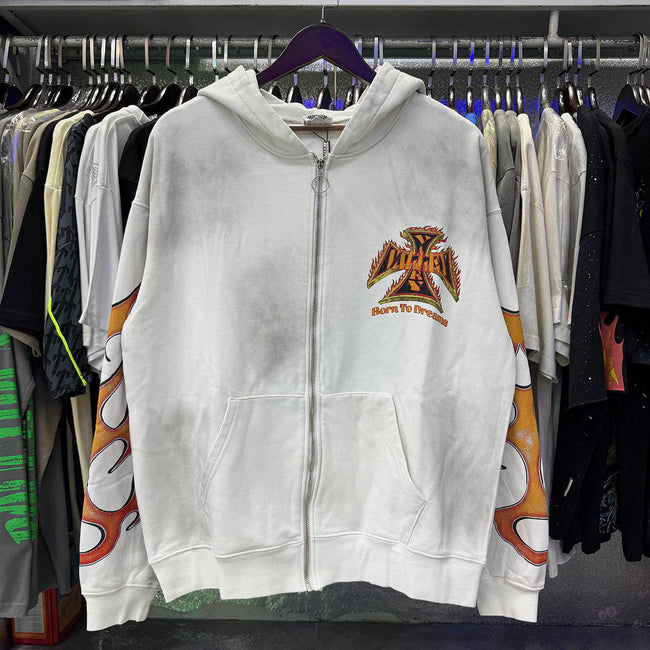 Valley Dreams Flame‑Sleeve Graphic Zip‑Up Hoodie, White Vintage Washed Oversized Streetwear Unisex Jacket Hover Image