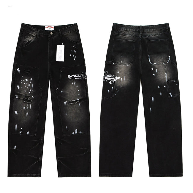 Valley Embroidered Paint‑Splatter Distressed Carpenter Baggy Jeans, Washed‑Black Unisex Wide‑Leg Denim Pants Hover Image