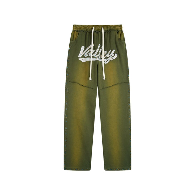 Valley Dreams Rhinestone Letter Wide‑Leg Sweatpants, Vintage Green Washed Streetwear Unisex Trousers Hover Image