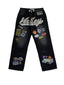 Valley Multi‑Patch Rhinestone Letter Baggy Jeans, Vintage Washed‑Black Unisex Wide‑Leg Denim Pants