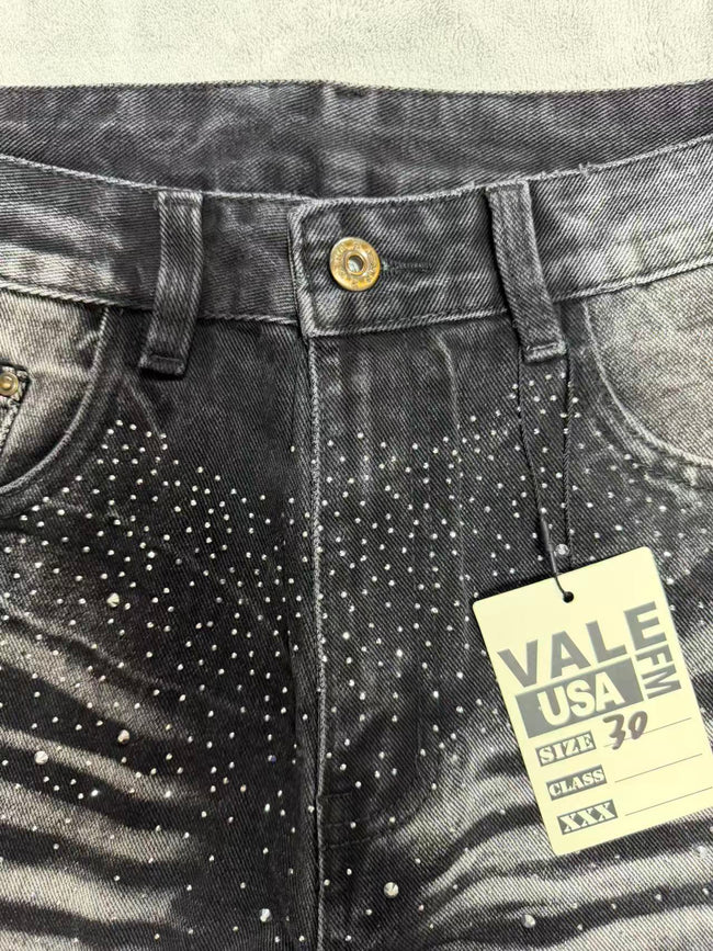 VALLEY Zebra‑Striped Rhinestone Embellished Baggy Denim Pants, Vintage Washed‑Black Unisex Streetwear Jeans Main Image