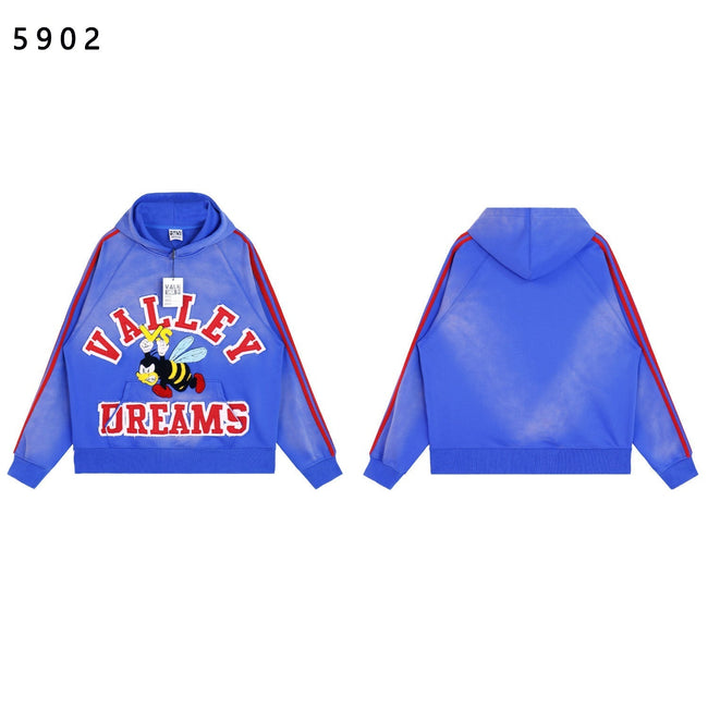 Valley Dreams Cartoon Bee Chenille Patch Pullover Hoodie, Blue Vintage Distressed Striped‑Sleeve Streetwear Unisex Sweatshirt Hover Image