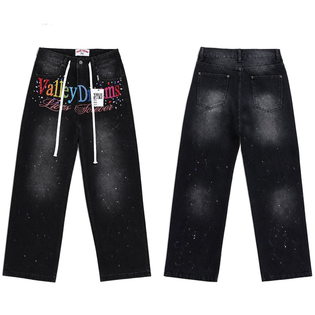 Valley Dreams Multicolor‑Letter Paint‑Splatter Baggy Jeans, Vintage Washed‑Black Unisex Wide‑Leg Denim Pants Hover Image
