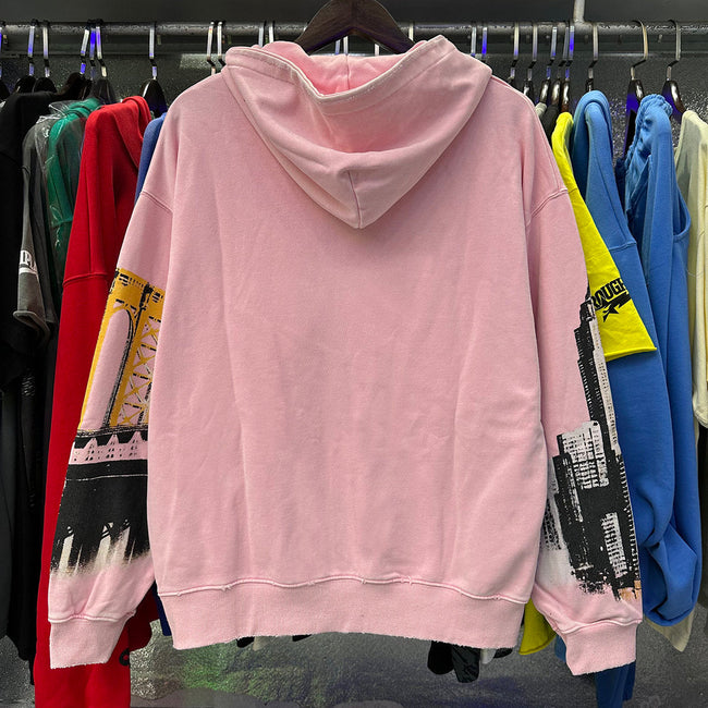 Valley Dreams Statue Of Liberty Cityscape Zip‑Up Hoodie, Pink Vintage Oversized Streetwear Unisex Jacket Main Image