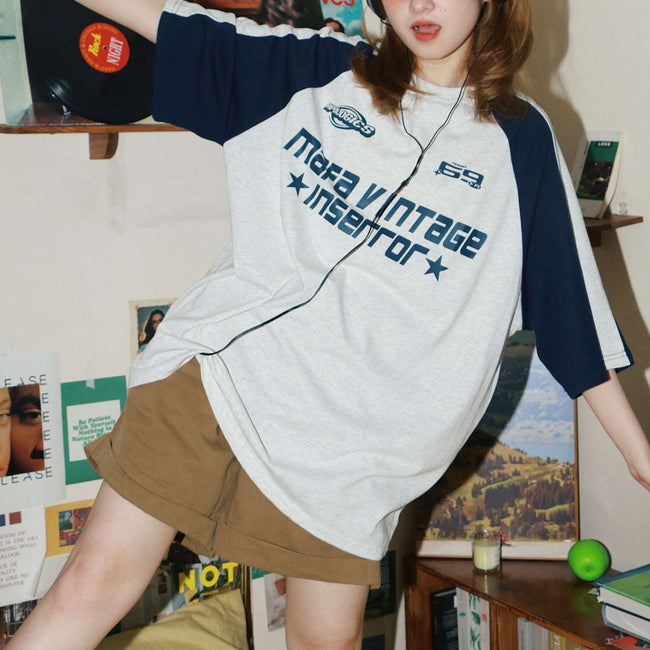 American letter print patchwork raglan oversize short sleeves Main Image