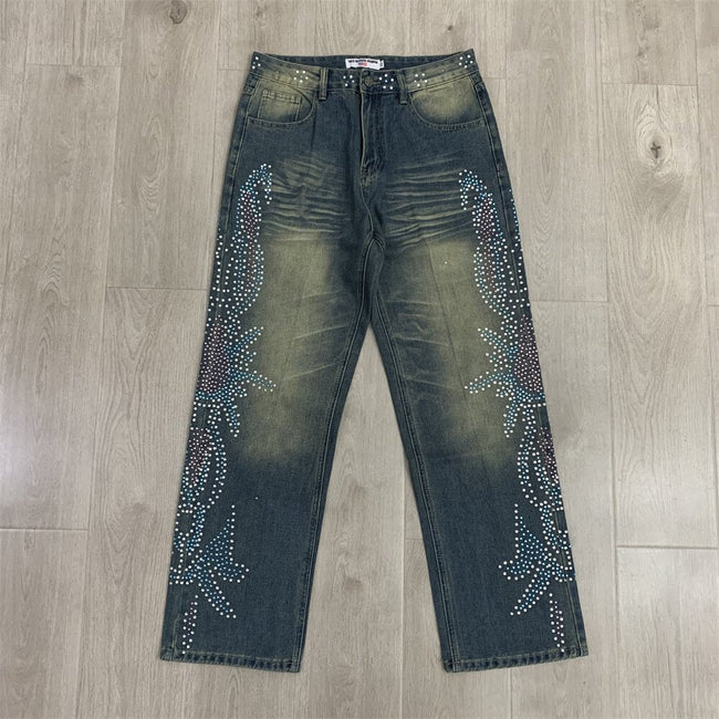 VALLEY Gradient Rhinestone Star Washed‑Blue Straight‑Leg Jeans, Y2K Hip‑Hop Unisex Denim Pants Hover Image