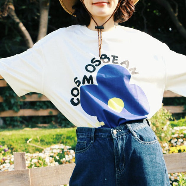 Retro letter flower pattern couple short sleeves