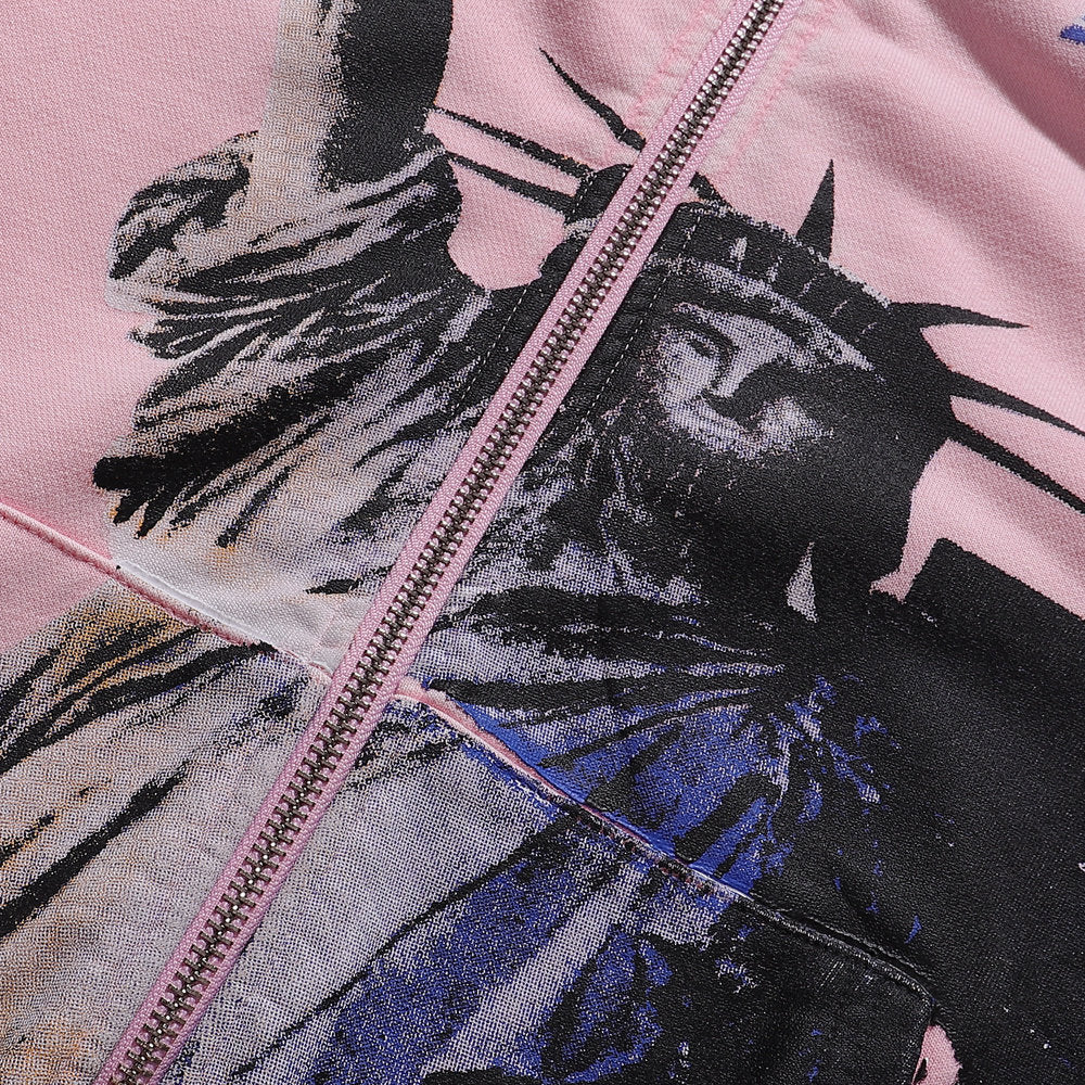 Valley Dreams Statue Of Liberty Cityscape Zip‑Up Hoodie, Pink Vintage Oversized Streetwear Unisex Jacket
