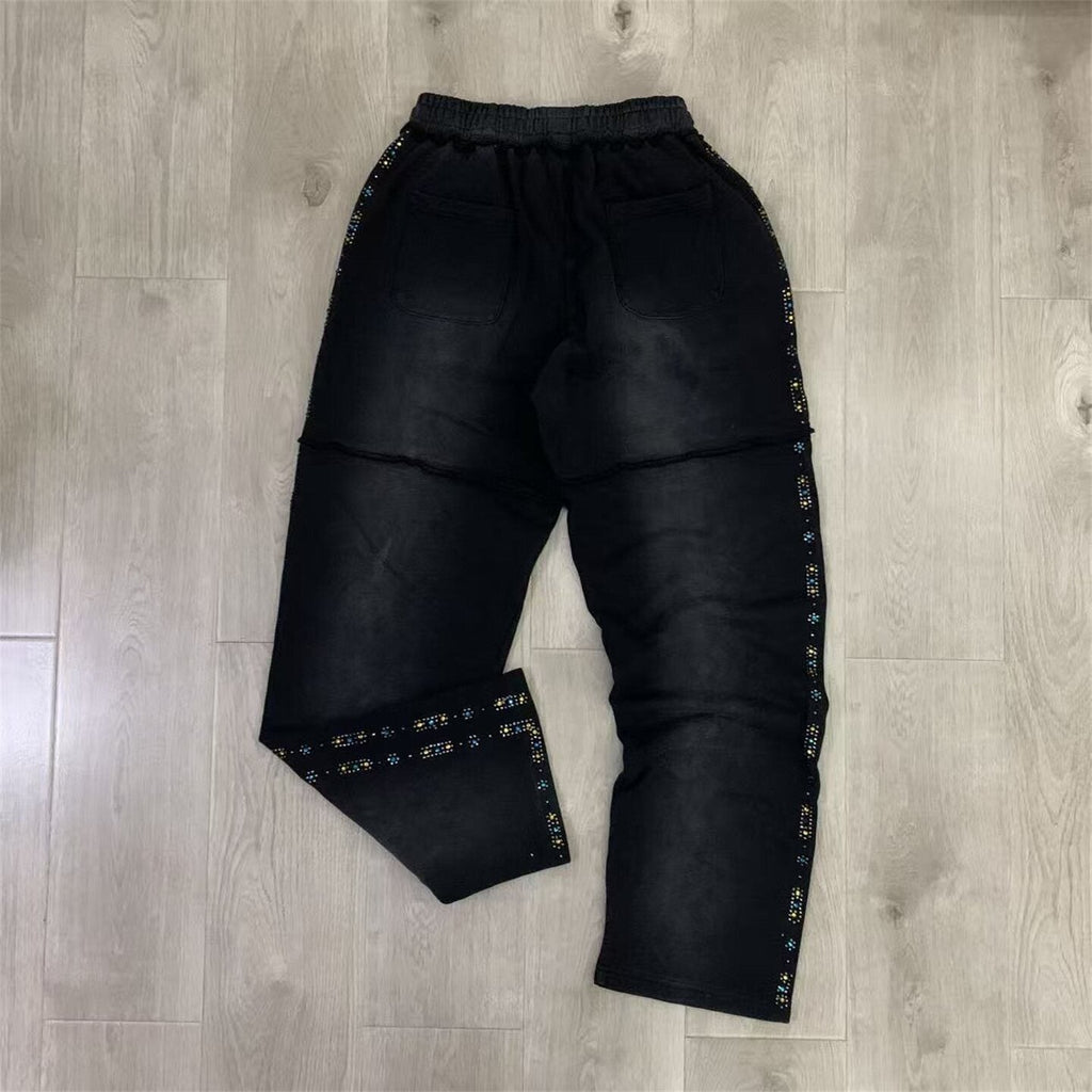 Valley Dreams Rhinestone Letter Flare Sweatpants, Vintage Black Washed Streetwear Unisex Trousers