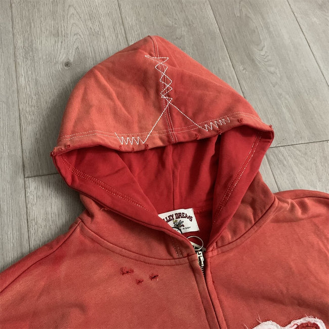 VALLEY Red‑Orange Gradient Graffiti‑Print Valley Dreams Zip‑Up Hoodie Unisex Oversized Jacket Main Image