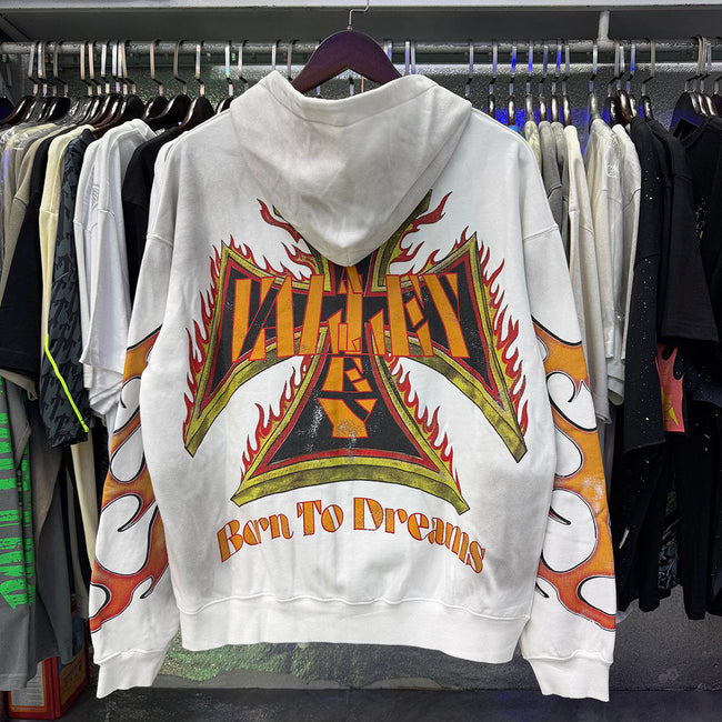 Valley Dreams Flame‑Sleeve Graphic Zip‑Up Hoodie, White Vintage Washed Oversized Streetwear Unisex Jacket Main Image