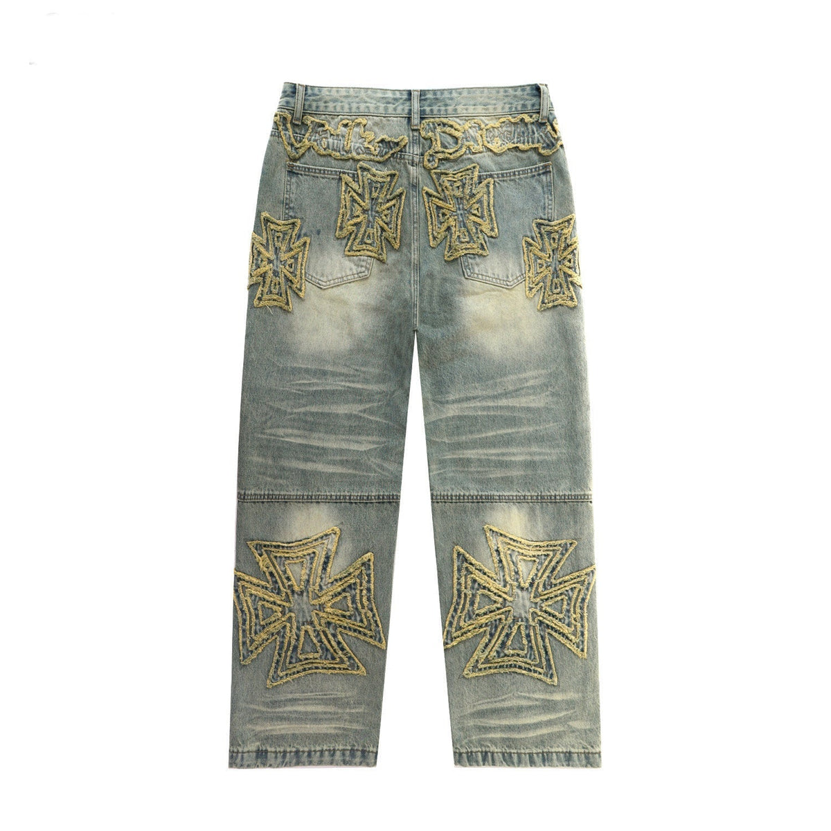 VALLEY Vintage Cross‑Shaped Towel‑Embroidered Baggy Jeans, Washed‑Blue Unisex Streetwear Denim Pants