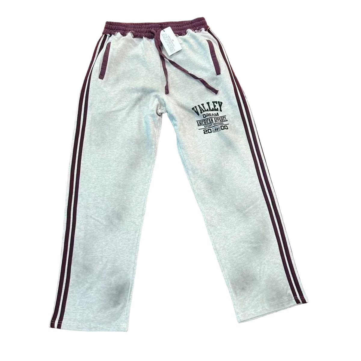 Valley Dream Letter‑Print Side‑Stripe Wide‑Leg Sweatpants, Heather Grey‑Burgundy Unisex Streetwear Trousers