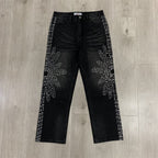 VALLEY White Dots Print Distressed Washed‑Black Straight‑Leg Jeans, Y2K Streetwear Unisex Denim Pants