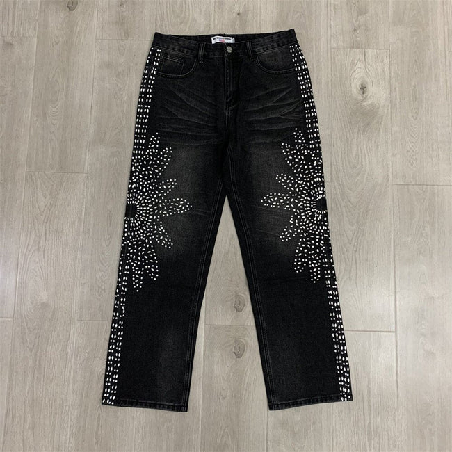 VALLEY White Dots Print Distressed Washed‑Black Straight‑Leg Jeans, Y2K Streetwear Unisex Denim Pants Main Image