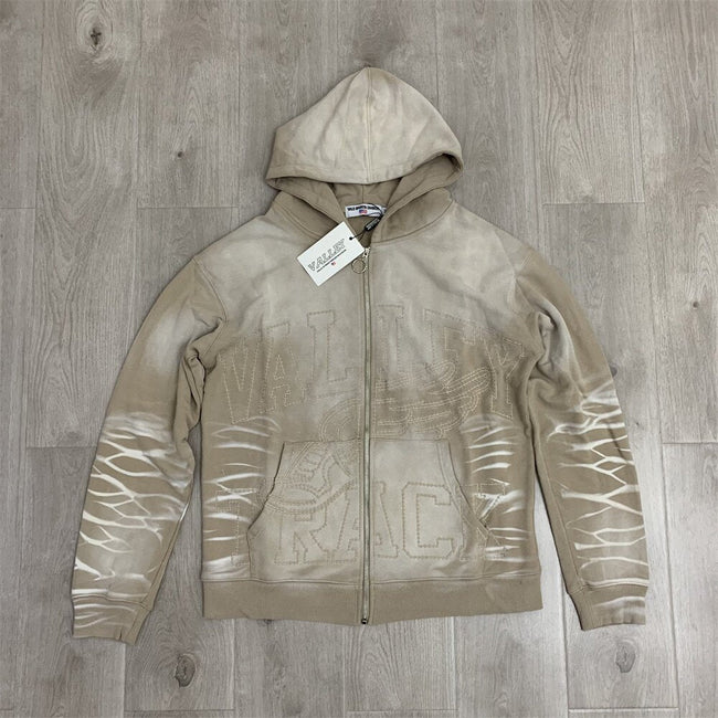 VALLEY Khaki Gradient Embroidery Lightning‑Sleeve Zip‑Up Hoodie Unisex Oversized Jacket Hover Image
