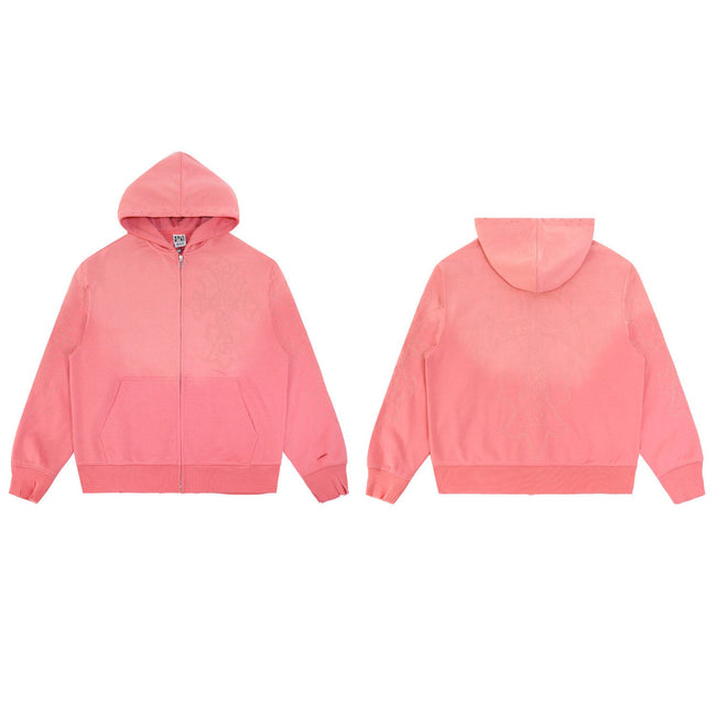 Valley Dreams Subtle Cross‑Pattern Zip‑Up Hoodie, Pink Vintage Washed Streetwear Unisex Jacket Hover Image