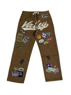 Valley Multi‑Patch Rhinestone Letter Baggy Pants, Vintage Brown Unisex Wide‑Leg Cotton Trousers