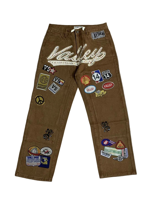 Valley Multi‑Patch Rhinestone Letter Baggy Pants, Vintage Brown Unisex Wide‑Leg Cotton Trousers Hover Image