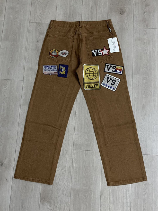 Valley Multi‑Patch Rhinestone Letter Baggy Pants, Vintage Brown Unisex Wide‑Leg Cotton Trousers Main Image