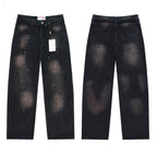 Valley Dreams Embroidery Splatter‑Paint Baggy Jeans, Vintage Washed‑Black Unisex Wide‑Leg Denim Pants