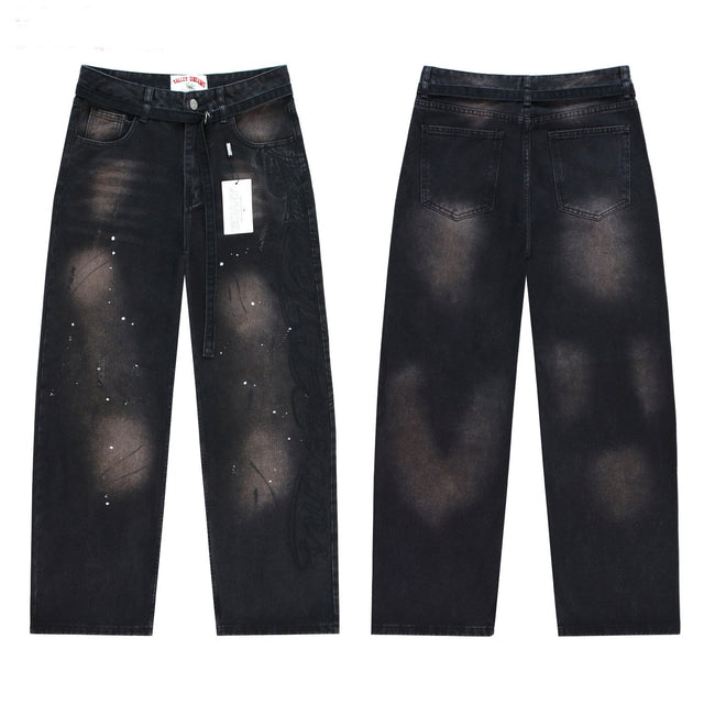 Valley Dreams Embroidery Splatter‑Paint Baggy Jeans, Vintage Washed‑Black Unisex Wide‑Leg Denim Pants Hover Image