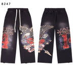 Vintage Eagle‑Print Wide‑Leg Sweatpants, Black Washed Unisex Hip‑Hop Streetwear Trousers