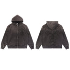Valley Dreams Embossed Cross Zip‑Up Hoodie, Dark Grey Vintage Washed Distressed Streetwear Unisex Jacket