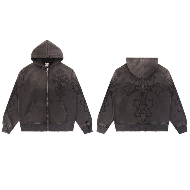 Valley Dreams Embossed Cross Zip‑Up Hoodie, Dark Grey Vintage Washed Distressed Streetwear Unisex Jacket Hover Image