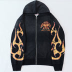 Valley Dreams Waffle‑Knit Flame‑Sleeve Zip‑Up Hoodie, Black Vintage Washed Oversized Streetwear Unisex Jacket