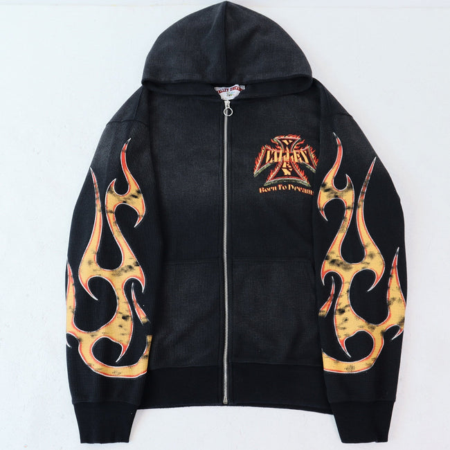 Valley Dreams Waffle‑Knit Flame‑Sleeve Zip‑Up Hoodie, Black Vintage Washed Oversized Streetwear Unisex Jacket Main Image
