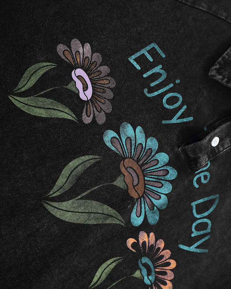 American washed distressed floral lapel short sleeves
